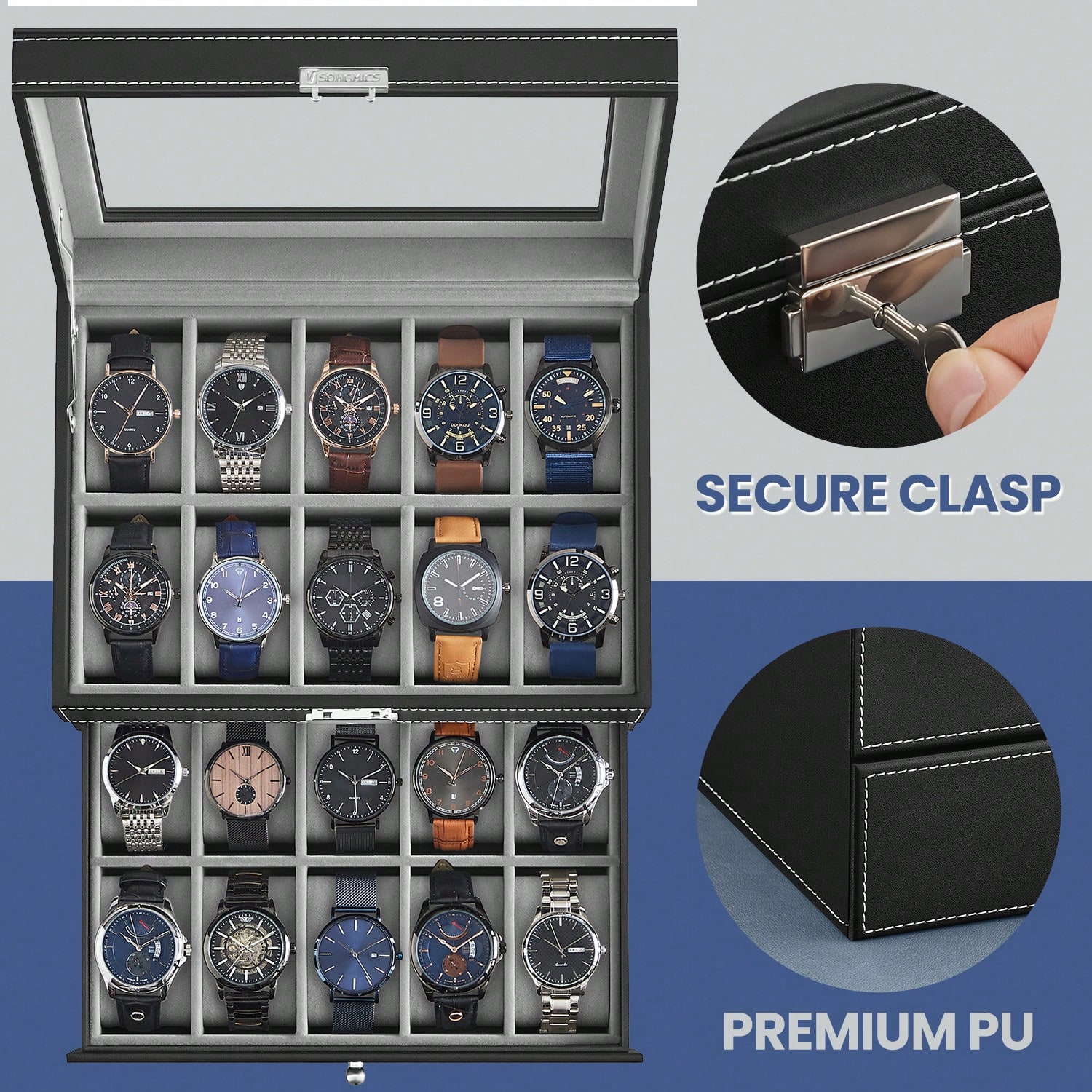 20-Slot Watch Box with Glass L - огляд і ціна Watch Display Box